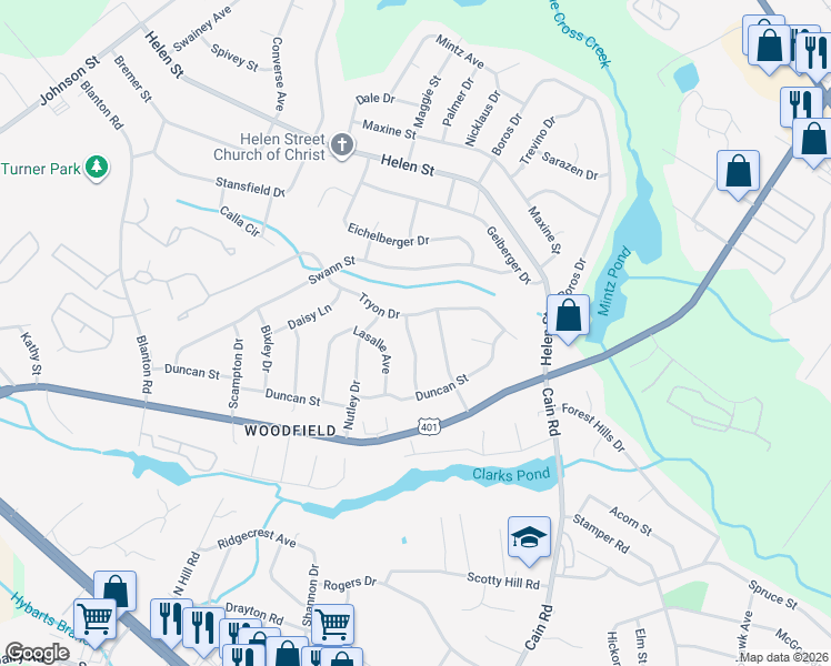 map of restaurants, bars, coffee shops, grocery stores, and more near 1614 Morehead Avenue in Fayetteville