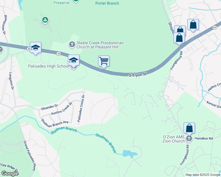 map of restaurants, bars, coffee shops, grocery stores, and more near 14819 Majestic Oak Drive in Charlotte