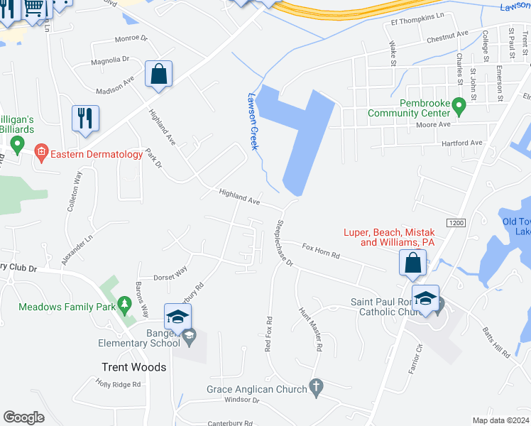 map of restaurants, bars, coffee shops, grocery stores, and more near 801 Highland Avenue in Trent Woods