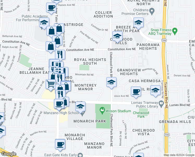 map of restaurants, bars, coffee shops, grocery stores, and more near 1118 Upland Drive Northeast in Albuquerque