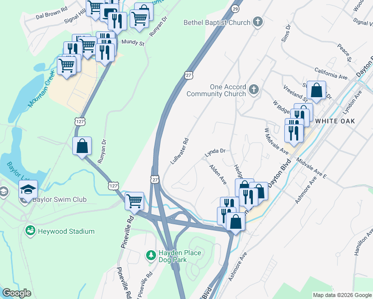 map of restaurants, bars, coffee shops, grocery stores, and more near 422 Lullwater Road in Chattanooga