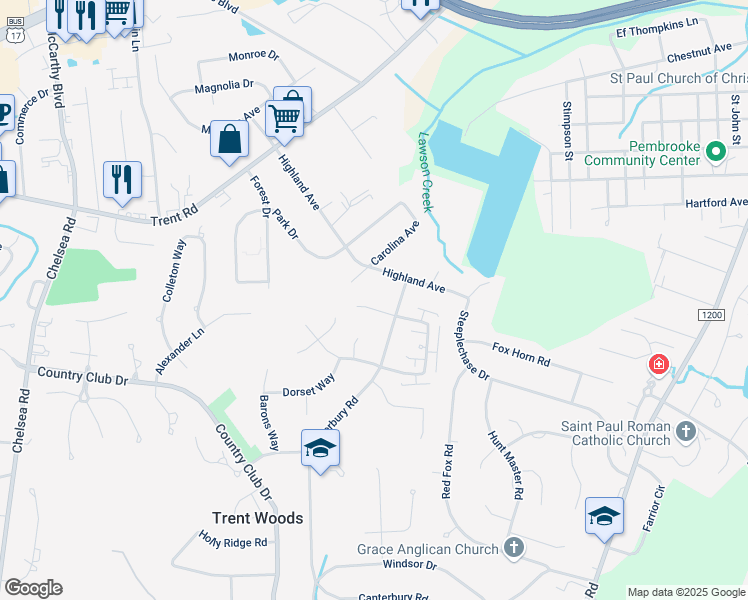 map of restaurants, bars, coffee shops, grocery stores, and more near 904 Longwood Drive in Trent Woods