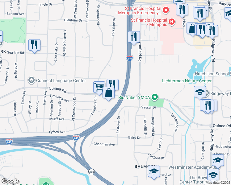 map of restaurants, bars, coffee shops, grocery stores, and more near 5695 Quince Road in Memphis