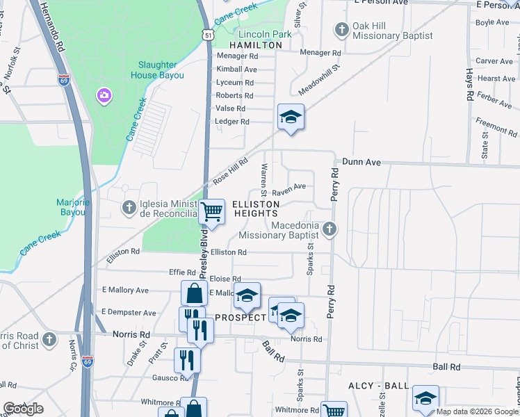 map of restaurants, bars, coffee shops, grocery stores, and more near 2043 Warren Street in Memphis