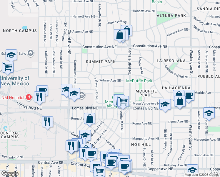 map of restaurants, bars, coffee shops, grocery stores, and more near 3401 Marmac Avenue Northeast in Albuquerque