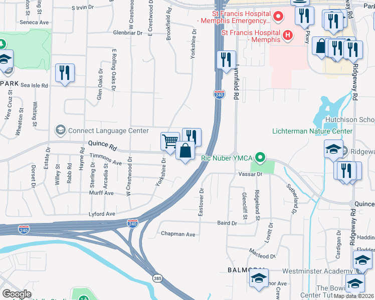 map of restaurants, bars, coffee shops, grocery stores, and more near 5695 Quince Road in Memphis
