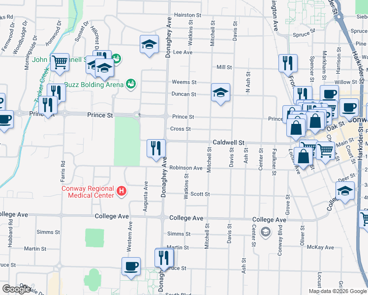 map of restaurants, bars, coffee shops, grocery stores, and more near 831 Watkins Street in Conway