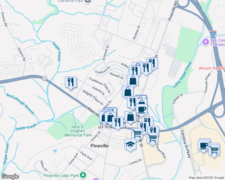 map of restaurants, bars, coffee shops, grocery stores, and more near 1029 Traditions Park Drive in Pineville