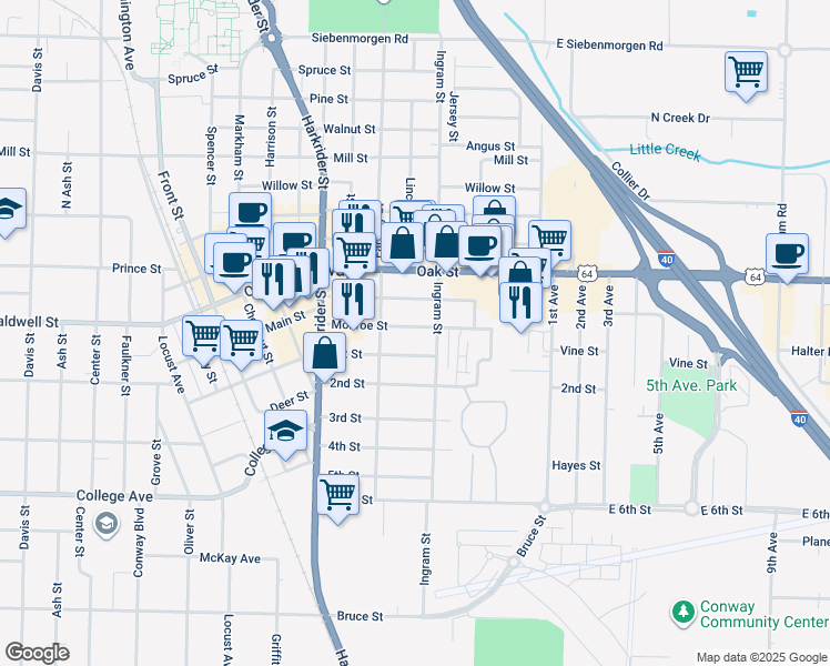 map of restaurants, bars, coffee shops, grocery stores, and more near 519 Monroe Street in Conway