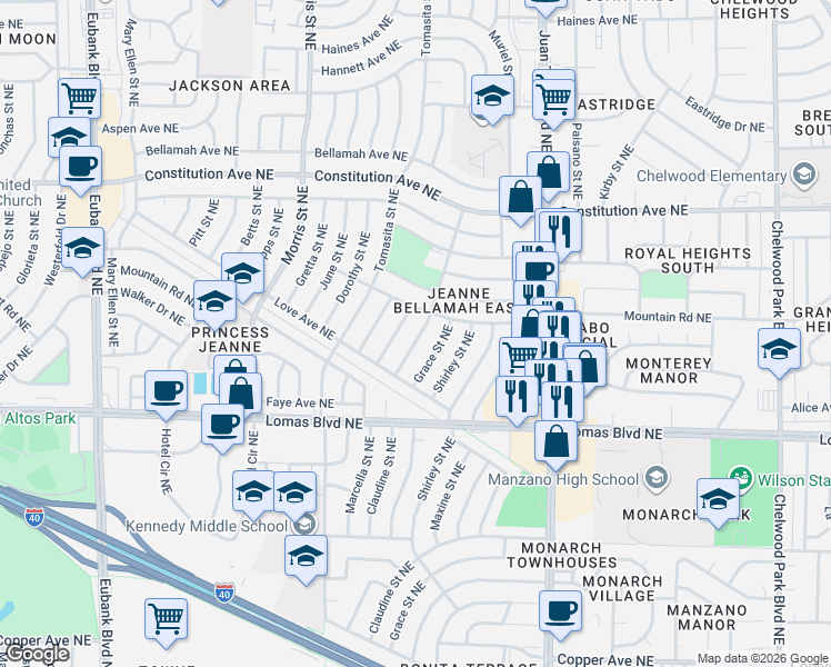 map of restaurants, bars, coffee shops, grocery stores, and more near 1035 Claudine Street Northeast in Albuquerque