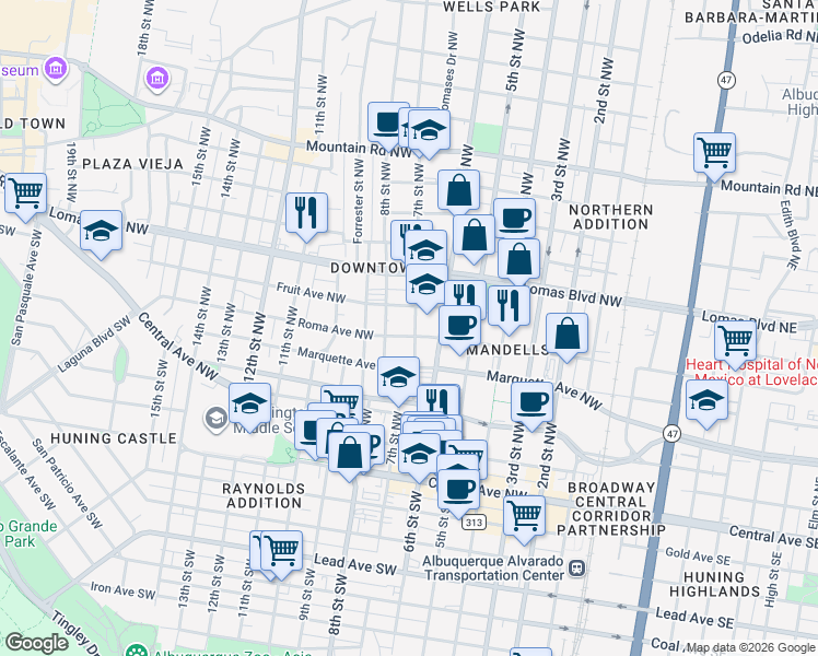 map of restaurants, bars, coffee shops, grocery stores, and more near 701 Roma Avenue Northwest in Albuquerque