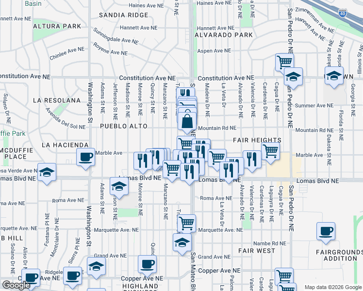 map of restaurants, bars, coffee shops, grocery stores, and more near 704 Truman Street Northeast in Albuquerque