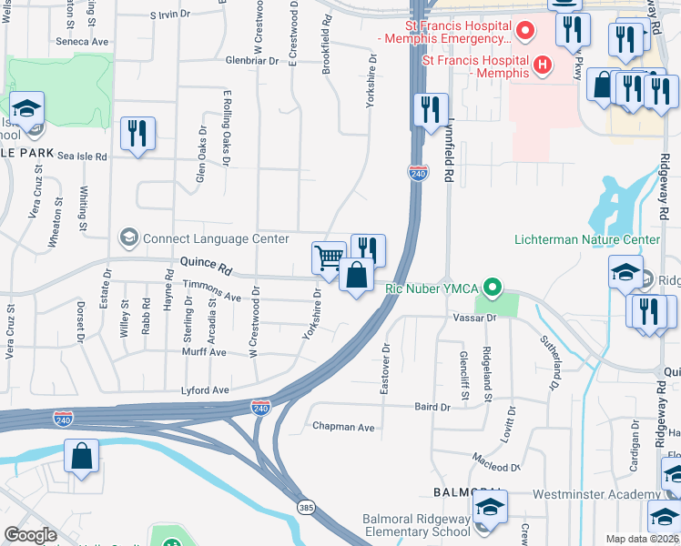 map of restaurants, bars, coffee shops, grocery stores, and more near 5696 Quince Road in Memphis