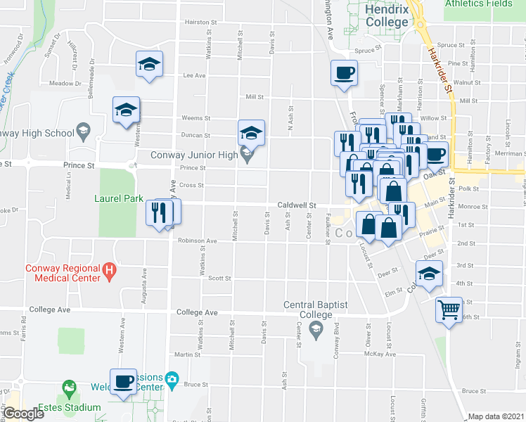 map of restaurants, bars, coffee shops, grocery stores, and more near 1801 Caldwell Street in Conway
