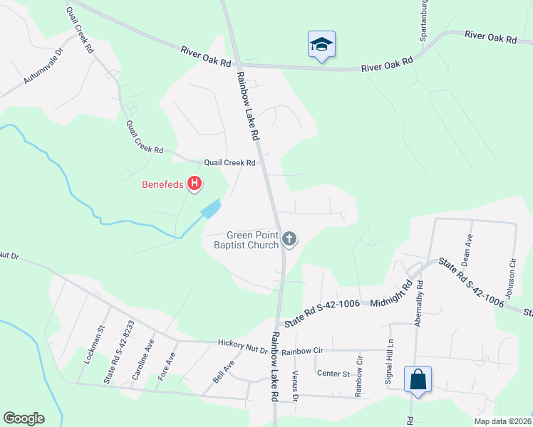 map of restaurants, bars, coffee shops, grocery stores, and more near 1460 Rainbow Lake Road in Inman