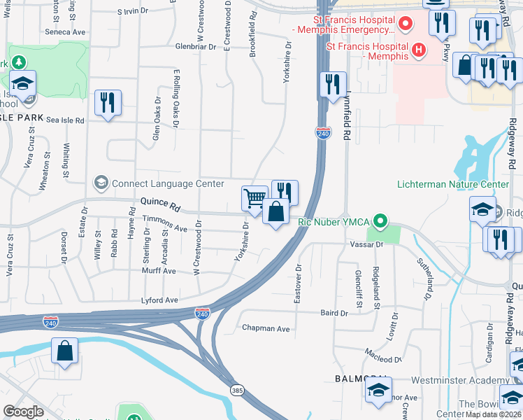 map of restaurants, bars, coffee shops, grocery stores, and more near 5679 Quince Road in Memphis