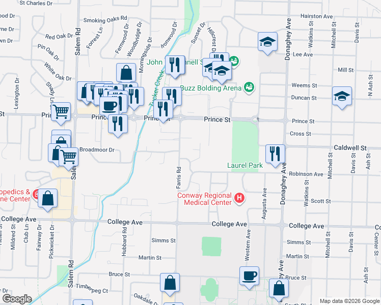 map of restaurants, bars, coffee shops, grocery stores, and more near 5 Cherokee Circle in Conway