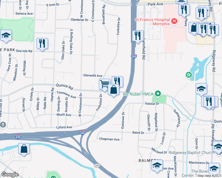 map of restaurants, bars, coffee shops, grocery stores, and more near 5696 Quince Road in Memphis