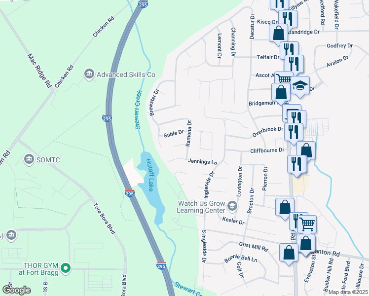 map of restaurants, bars, coffee shops, grocery stores, and more near 223 Ramona Drive in Fayetteville