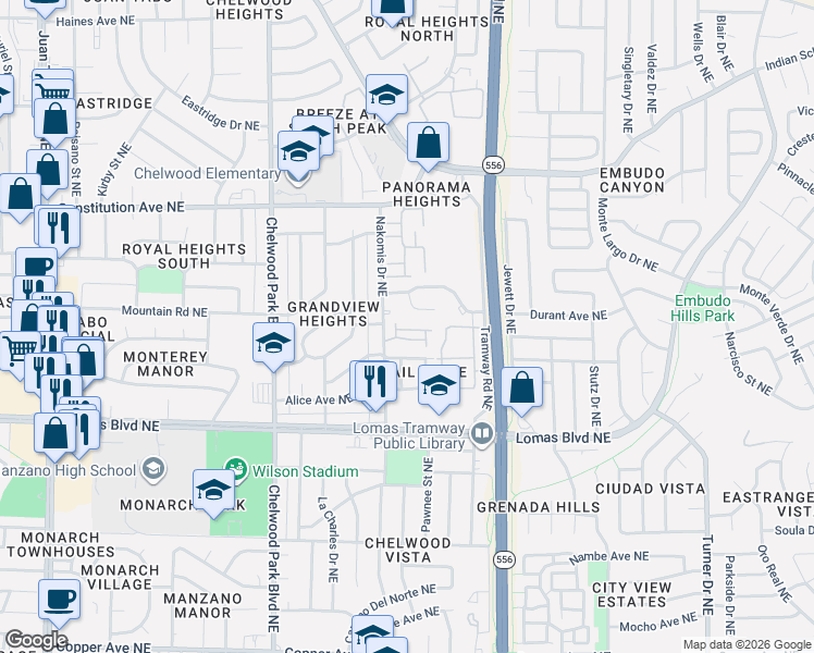 map of restaurants, bars, coffee shops, grocery stores, and more near 34 Casa Hermosa Drive Northeast in Albuquerque