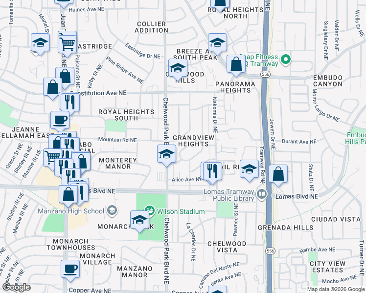 map of restaurants, bars, coffee shops, grocery stores, and more near 12810 Granite Avenue Northeast in Albuquerque