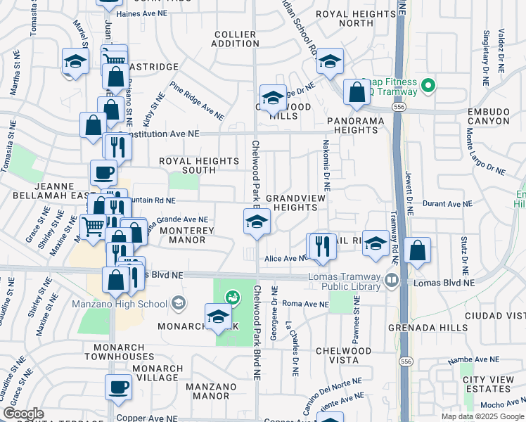 map of restaurants, bars, coffee shops, grocery stores, and more near in Albuquerque