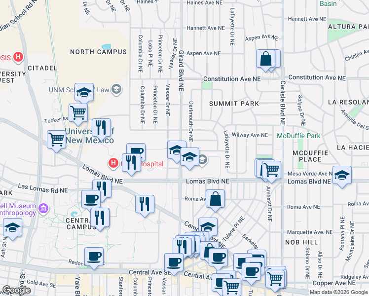 map of restaurants, bars, coffee shops, grocery stores, and more near 3000 Frontier Avenue Northeast in Albuquerque