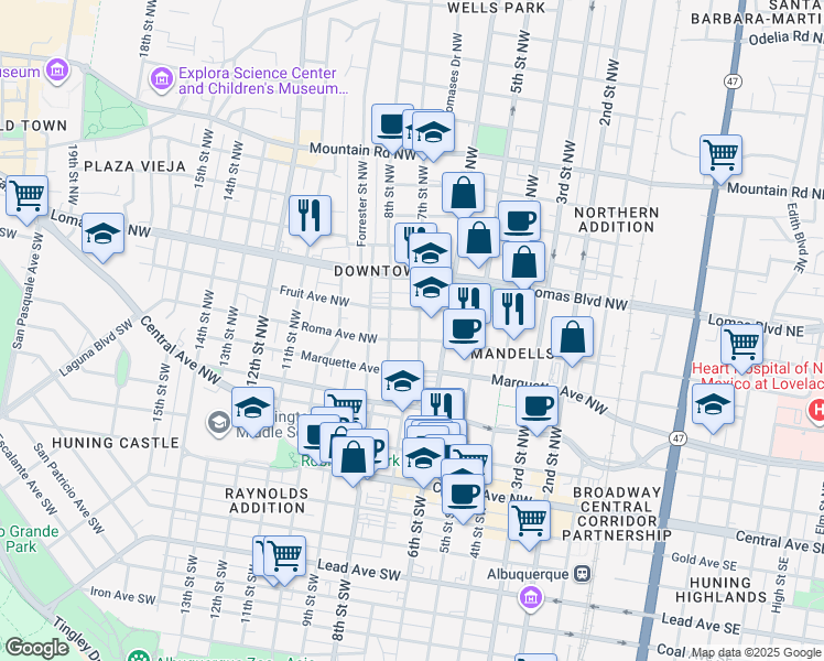 map of restaurants, bars, coffee shops, grocery stores, and more near 701 Roma Avenue Northwest in Albuquerque
