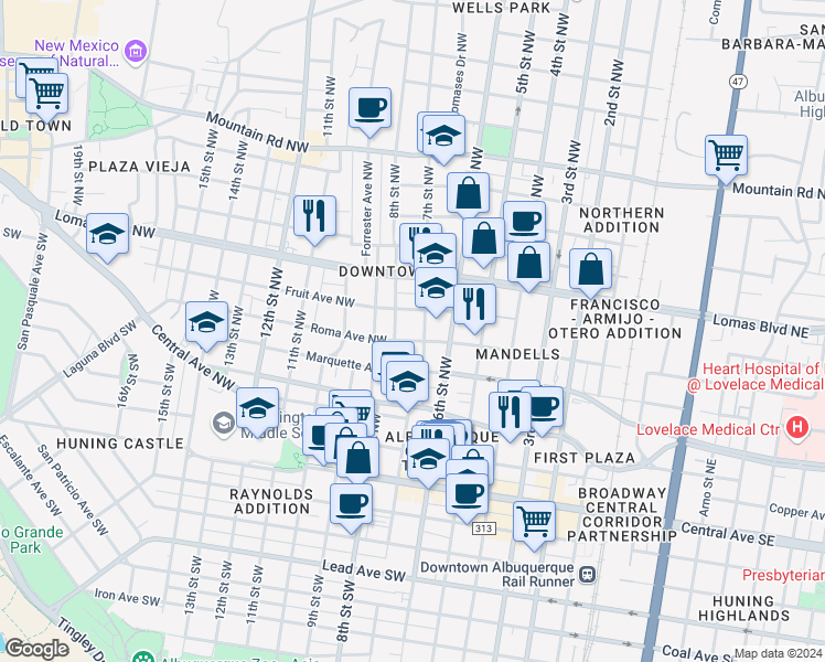 map of restaurants, bars, coffee shops, grocery stores, and more near 701 Roma Avenue Northwest in Albuquerque