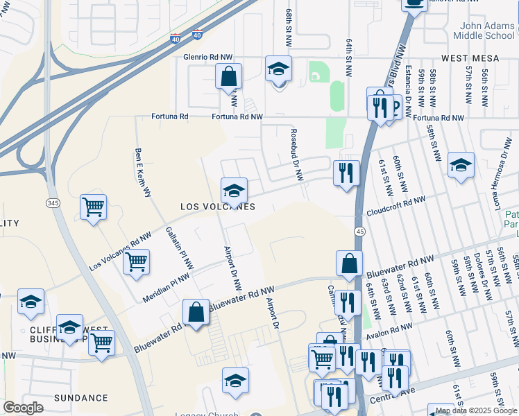 map of restaurants, bars, coffee shops, grocery stores, and more near 6900 Los Volcanes Road Northwest in Albuquerque