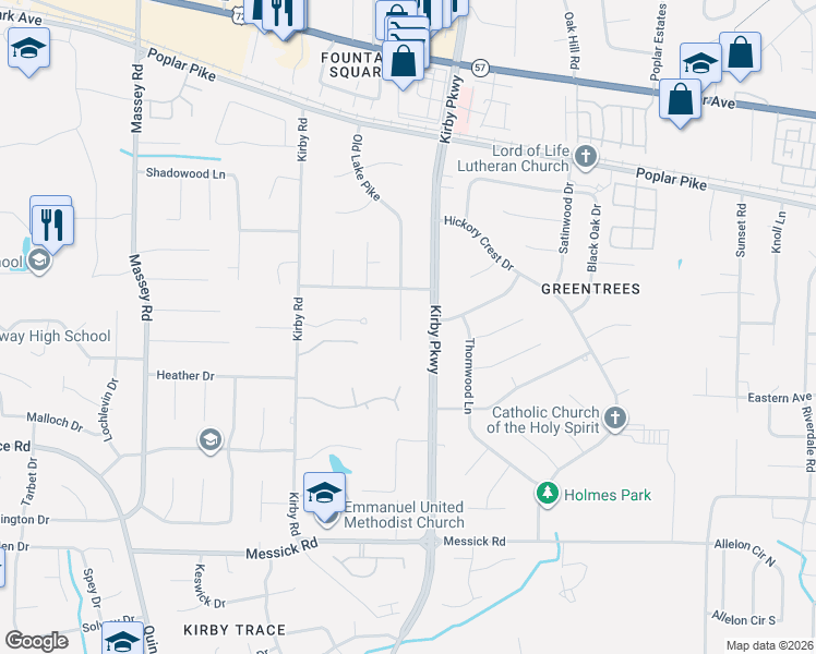 map of restaurants, bars, coffee shops, grocery stores, and more near 2183 Kirby Parkway in Memphis