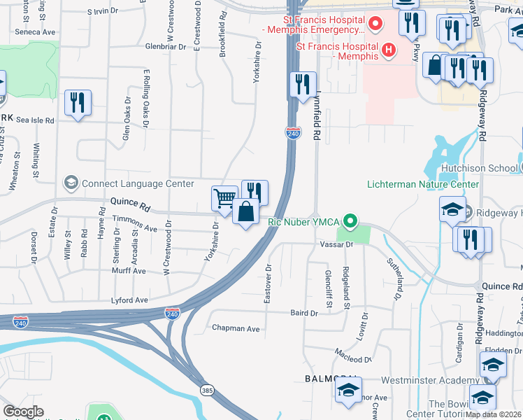 map of restaurants, bars, coffee shops, grocery stores, and more near 5695 Quince Road in Memphis