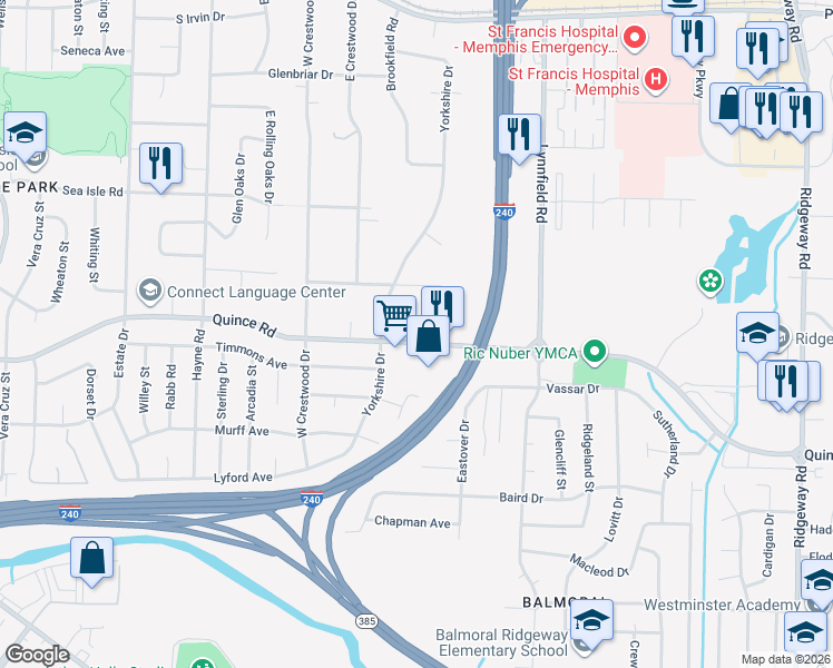 map of restaurants, bars, coffee shops, grocery stores, and more near 5679 Quince Road in Memphis