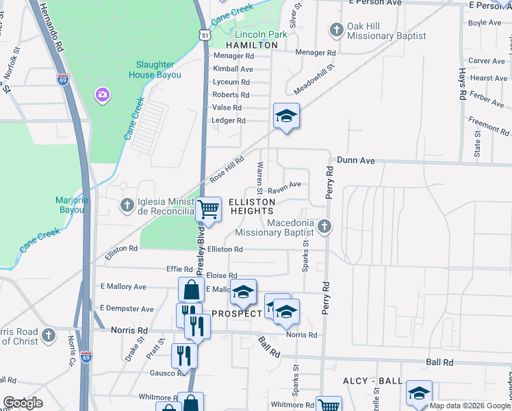 map of restaurants, bars, coffee shops, grocery stores, and more near 2043 Warren Street in Memphis