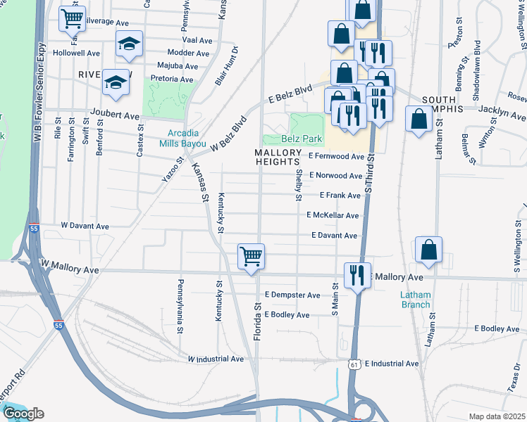 map of restaurants, bars, coffee shops, grocery stores, and more near 2117 Florida Street in Memphis