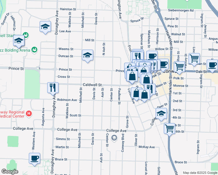 map of restaurants, bars, coffee shops, grocery stores, and more near 834 Ash Street in Conway