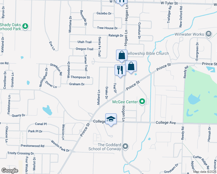 map of restaurants, bars, coffee shops, grocery stores, and more near 804 Drake Drive in Conway
