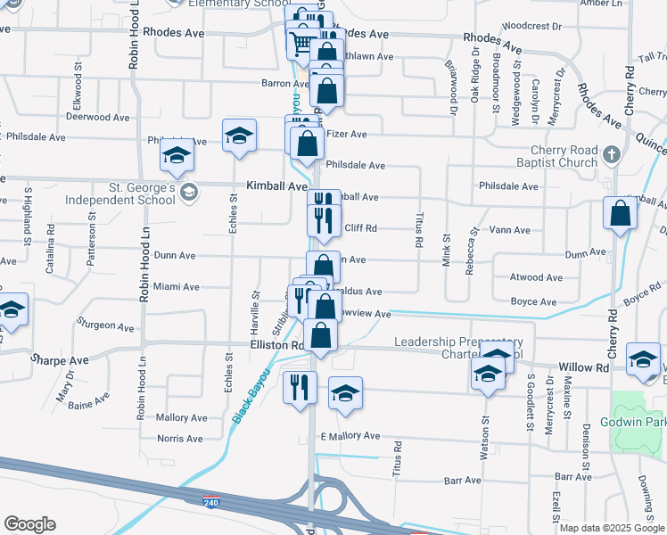 map of restaurants, bars, coffee shops, grocery stores, and more near 3969 Dunn Road in Memphis
