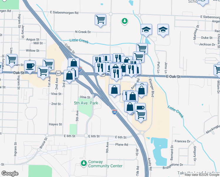map of restaurants, bars, coffee shops, grocery stores, and more near 708 Museum Road in Conway