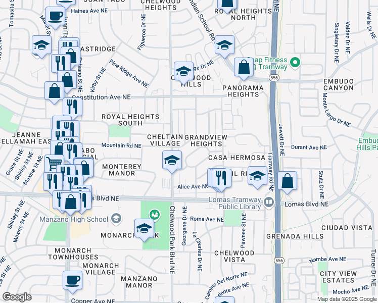 map of restaurants, bars, coffee shops, grocery stores, and more near 12810 Granite Avenue Northeast in Albuquerque