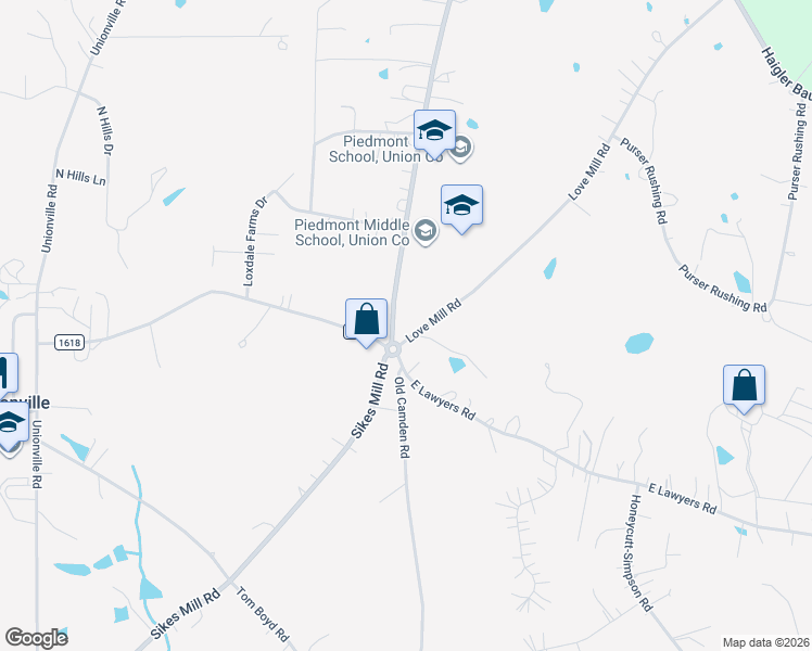 map of restaurants, bars, coffee shops, grocery stores, and more near 2826 Love Mill Road in Unionville