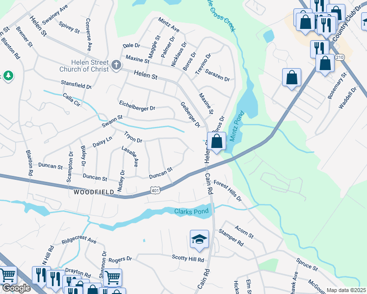 map of restaurants, bars, coffee shops, grocery stores, and more near 1455 Duncan Street in Fayetteville