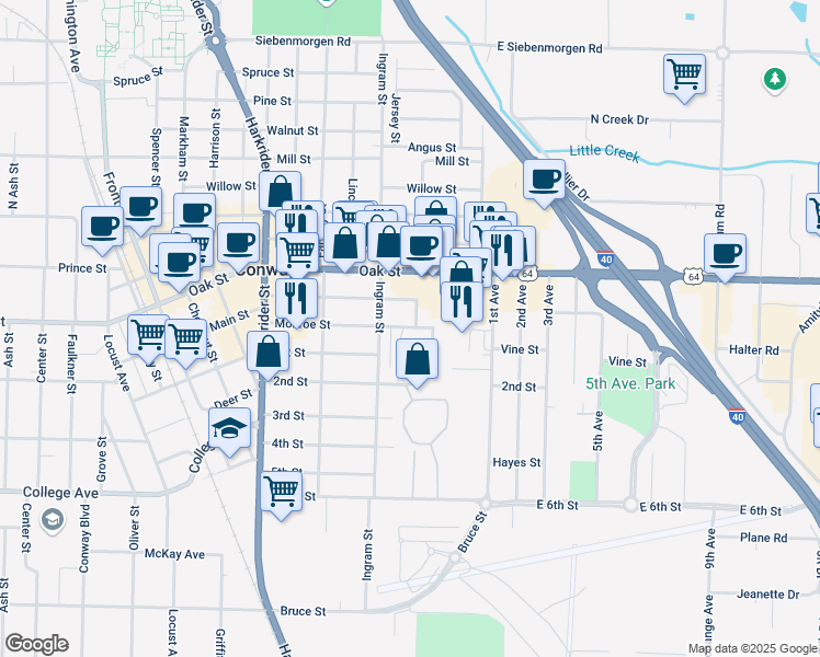 map of restaurants, bars, coffee shops, grocery stores, and more near 675 Ingram Village Drive in Conway