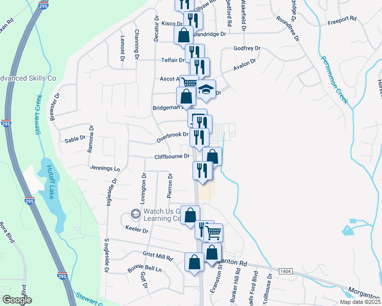 map of restaurants, bars, coffee shops, grocery stores, and more near 309 North Reilly Road in Fayetteville