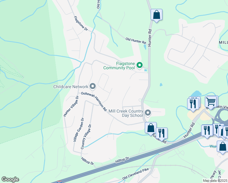map of restaurants, bars, coffee shops, grocery stores, and more near 5413 Woody Trail in Ooltewah