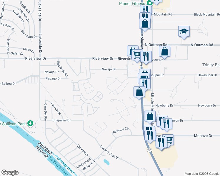 map of restaurants, bars, coffee shops, grocery stores, and more near 2304 Pima Way in Bullhead City
