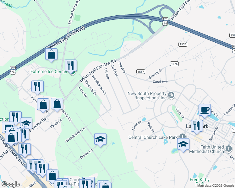 map of restaurants, bars, coffee shops, grocery stores, and more near 6706 1st Avenue in Indian Trail