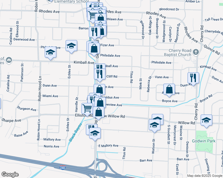 map of restaurants, bars, coffee shops, grocery stores, and more near 3992 Geraldus Avenue in Memphis