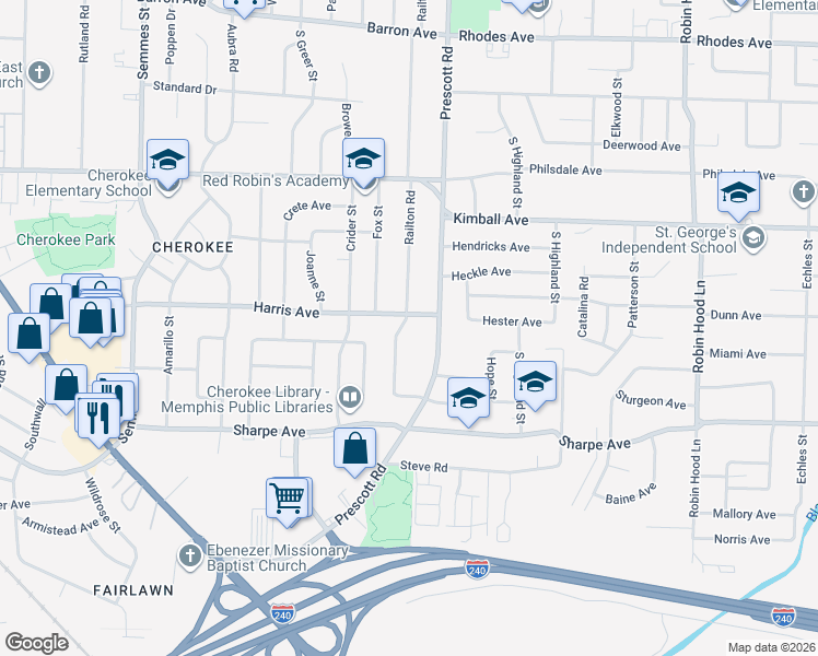 map of restaurants, bars, coffee shops, grocery stores, and more near 1541 Prescott Road in Memphis
