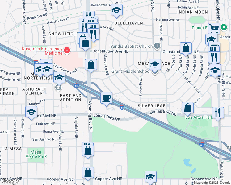 map of restaurants, bars, coffee shops, grocery stores, and more near 8662 Jaffa Road Northeast in Albuquerque